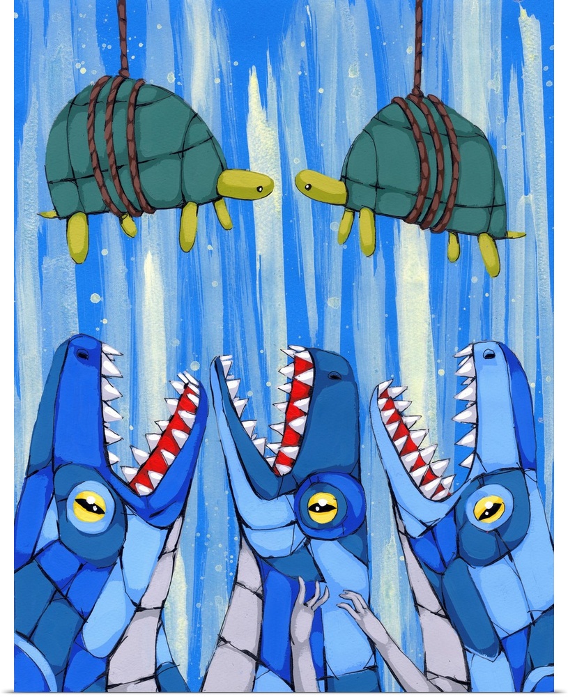 Painting of two turtles attached to ropes hanging above three blue crocodiles, all created with geometric shapes.