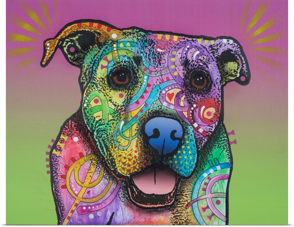 Pop art style painting of a pit bull with abstract designs and different colors on a purple and green background with two ...