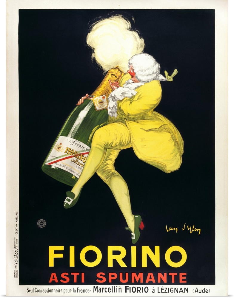 Vintage poster of a man as he hugs and dances with a life size bottle of wine.