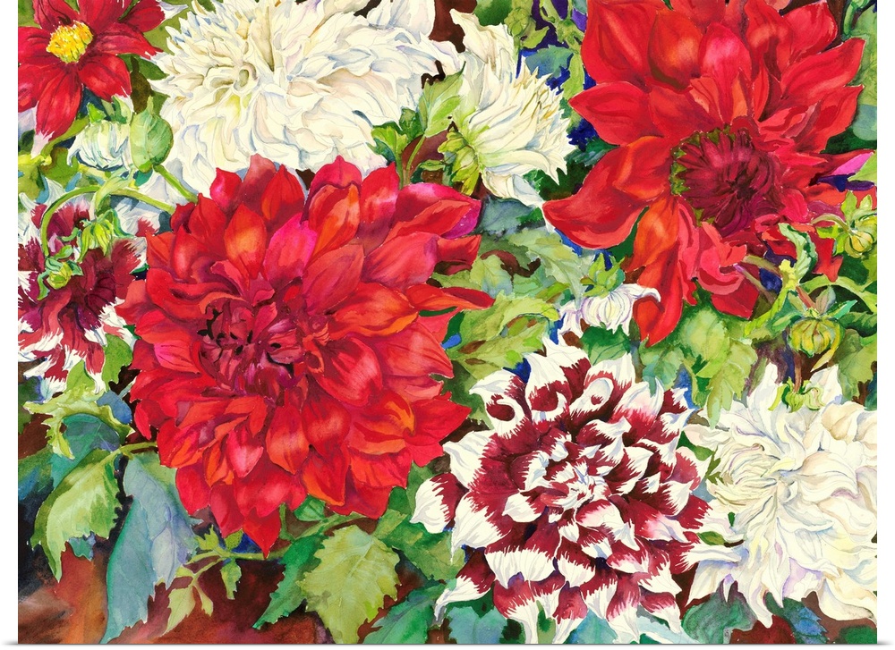Colorful contemporary painting of red and white dahlias.