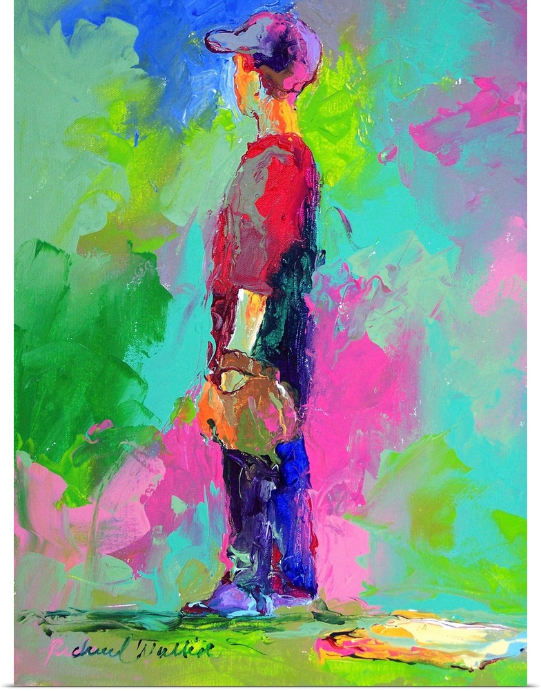 Contemporary vibrant colorful painting of a boy waiting at first base.
