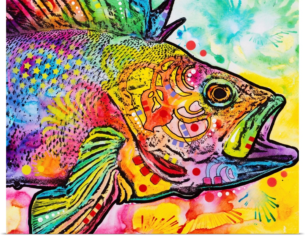 Vibrant painting of a fish with abstract designs and its mouth wide open.