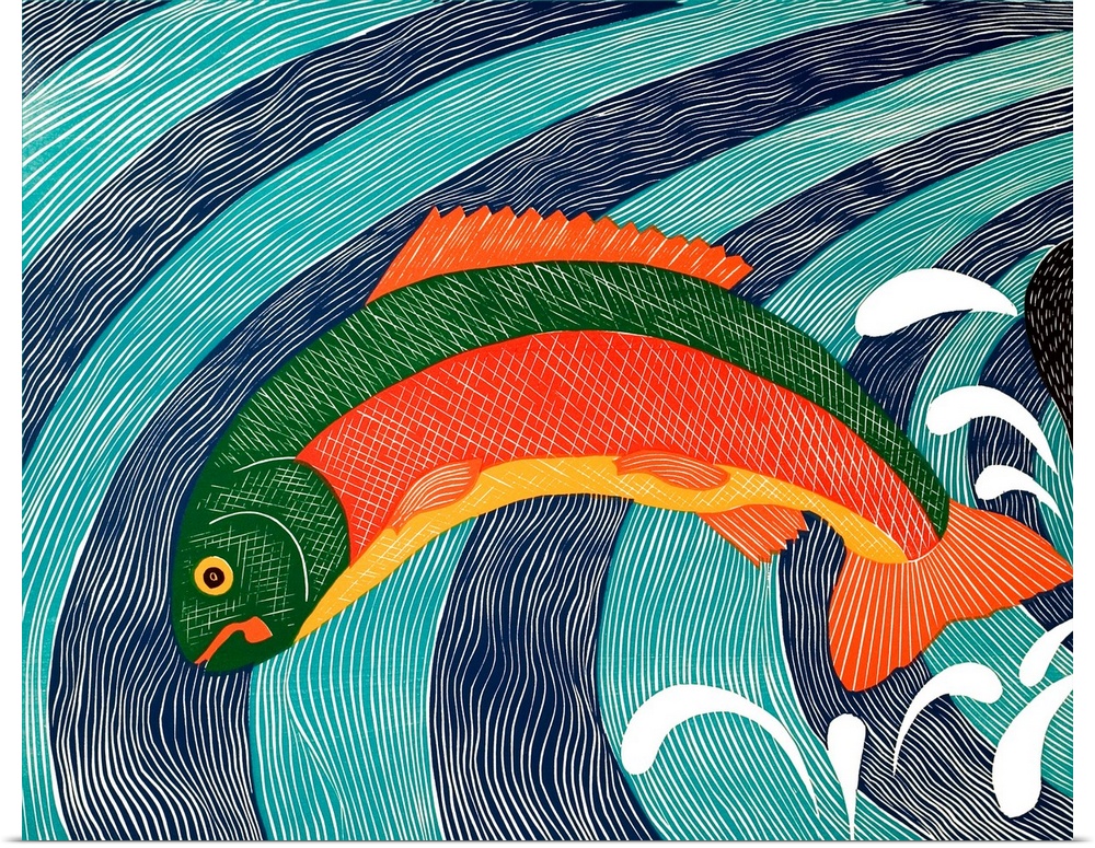 Illustration of a colorful trout jumping out of the water.