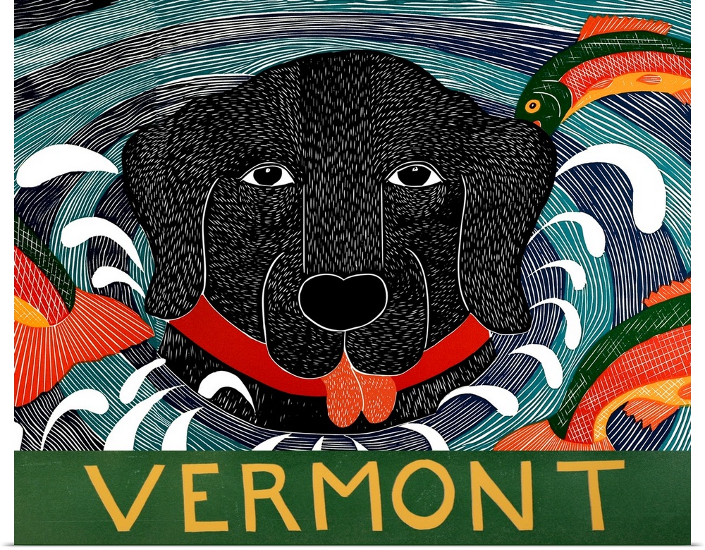 Illustration of a black lab with its head popping out of the water and colorful fish jumping around it with the state "Ver...