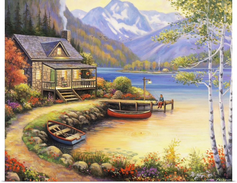 A boy fishing off the dock at a lakeside cabin, an island in the middle of the lake.