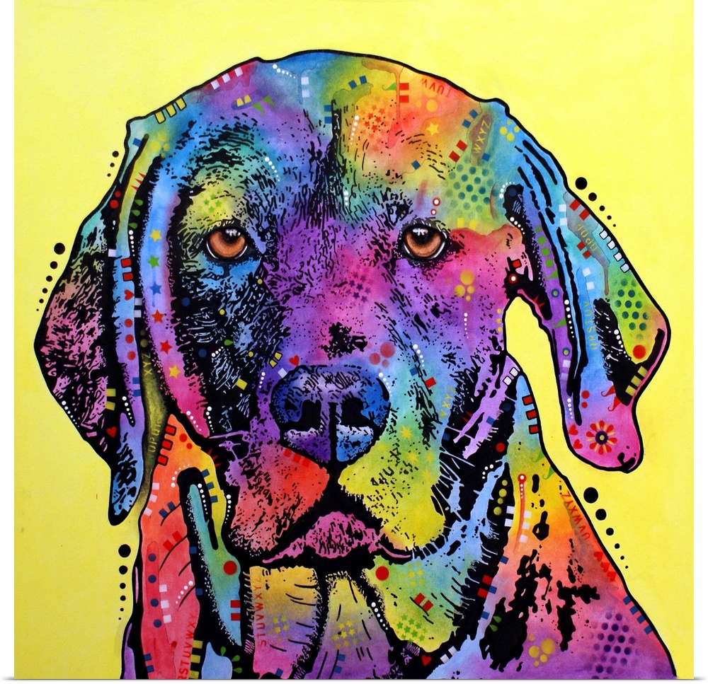 Contemporary stencil painting of a labrador retriever filled with various colors and patterns.