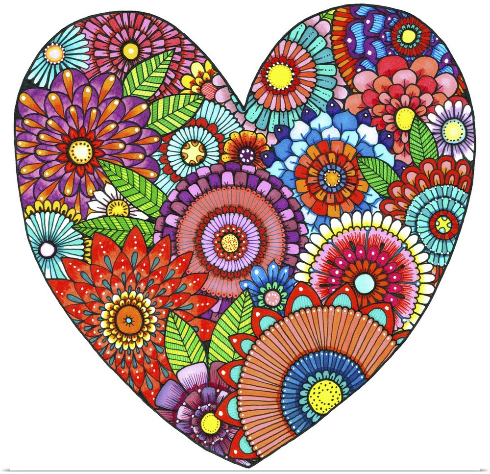 Contemporary abstract artwork of bright vibrant colored flowers in a heart shape.
