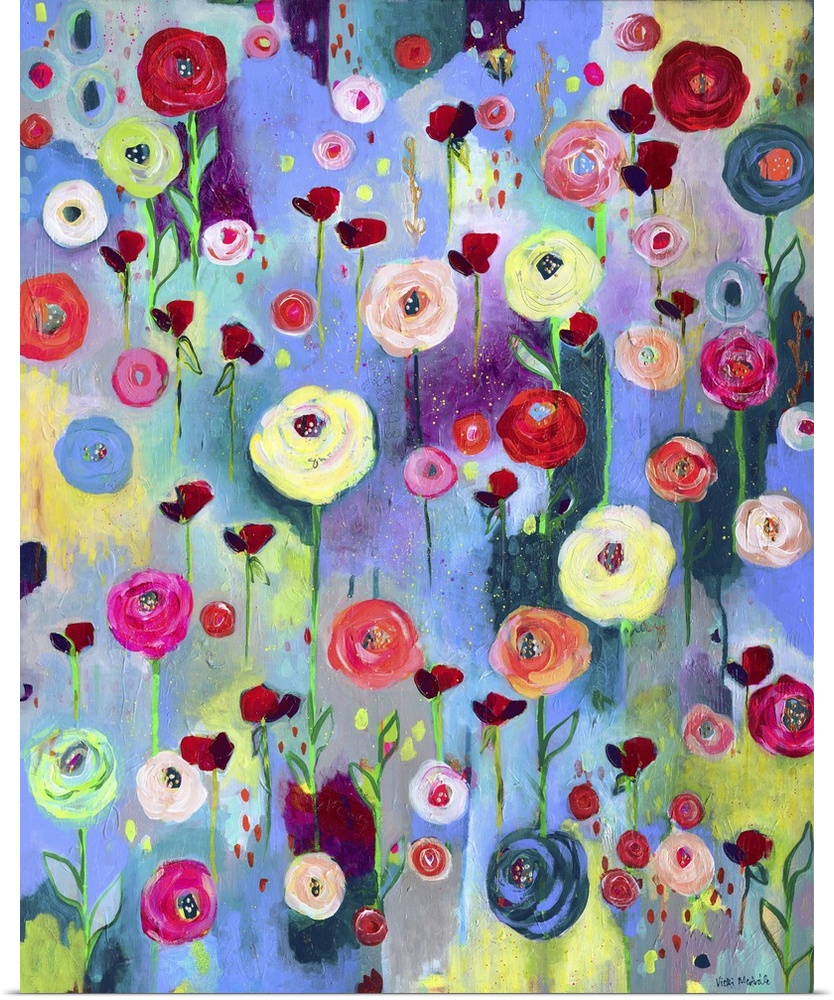 Large painting with vibrant flowers covering the canvas on a colorful background.