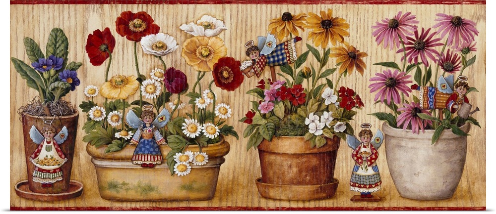A row of four flower pots decorated with angels