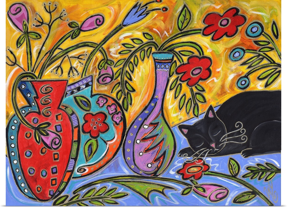 A black cat sleeping next to colorful vases full of flowers.