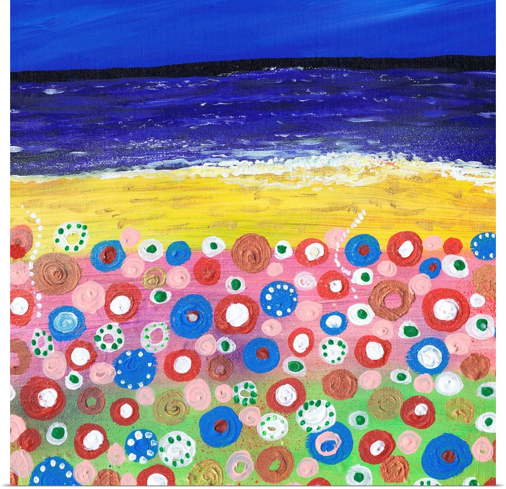 A painting of wildflowers on the beach.