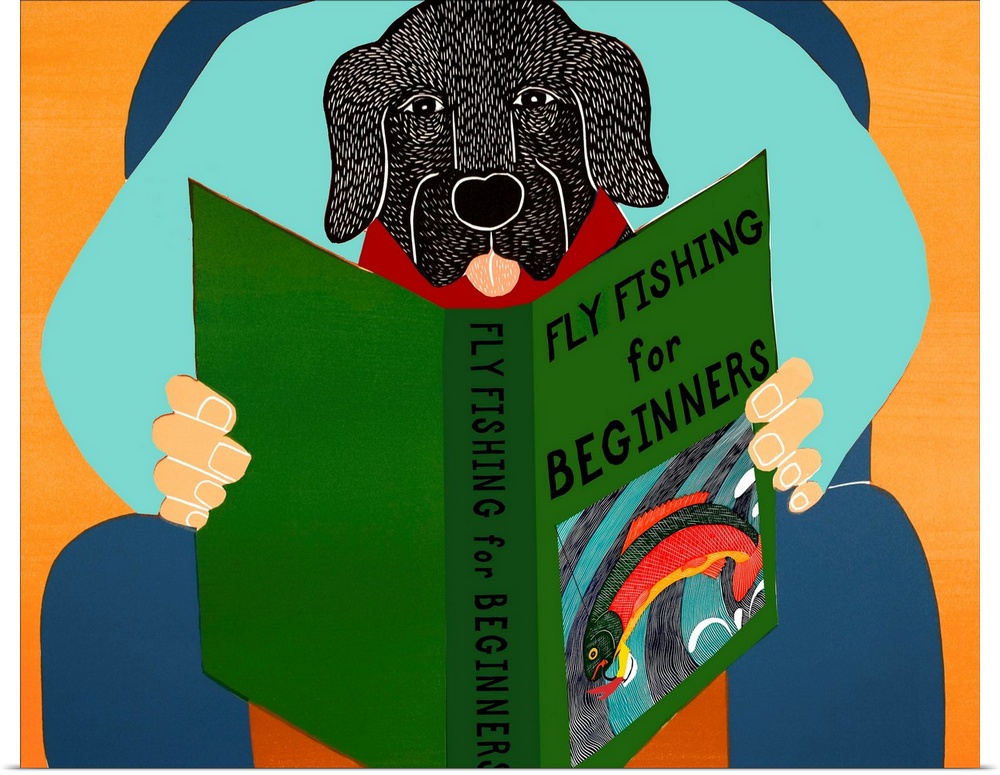 Illustration of a black lab sitting on its owners lap reading a book titled "Fly Fishing For Beginners"