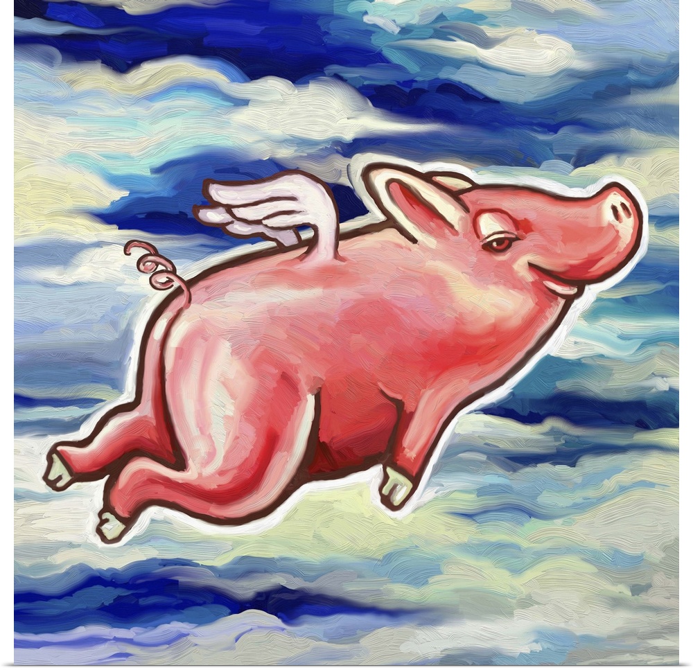 A contemporary painting of a pig flying through the air.