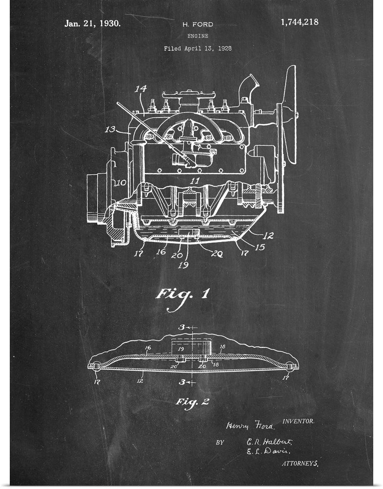 Black and white diagram showing the parts of Henry Ford's engine.