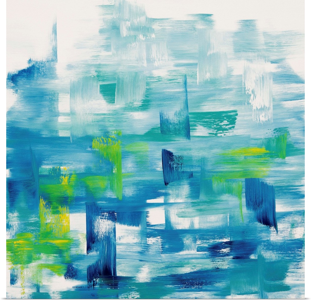 A contemporary abstract painting using vibrant tones of blue and green in horizontal movements against a white surface.