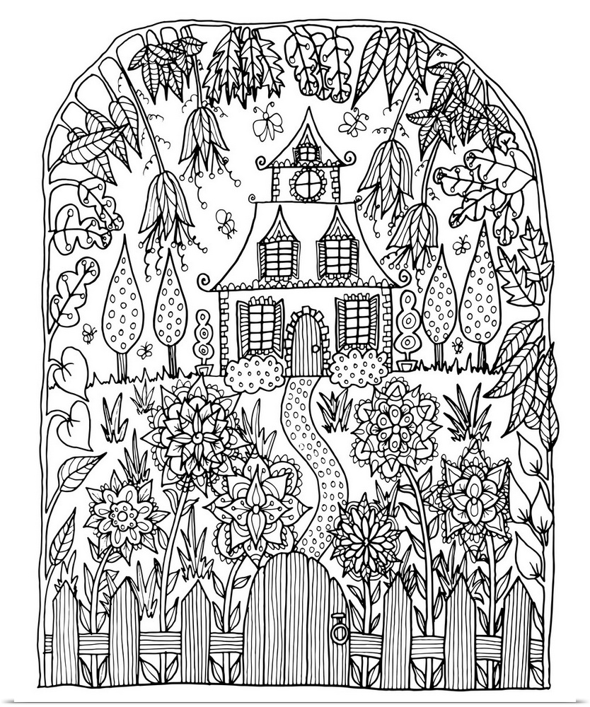 Line art of a house with a large garden, surrounded by flowers.
