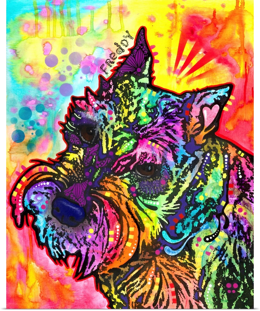 Vibrant painting of a Schnauzer named Freddy with colorful markings and his name handwritten above his ear.