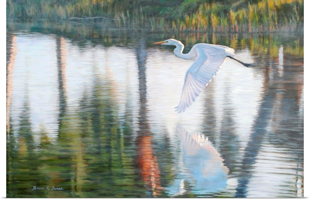 Contemporary artwork of a white Egret in flight