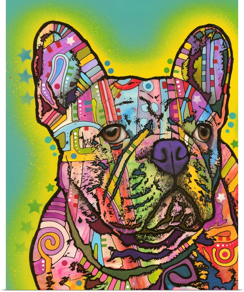 Colorful painting of a French Bulldog with abstract markings on a teal background with a yellow and lime green outline, st...