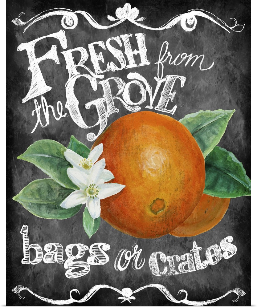 Chalkboard-style sign for fresh fruit from the Farmer's Market.