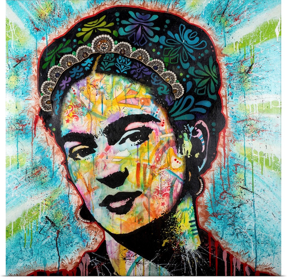 Pop art style art with a portrait of Frida outlined in red drippy paint on a blue background with green beaming lines.