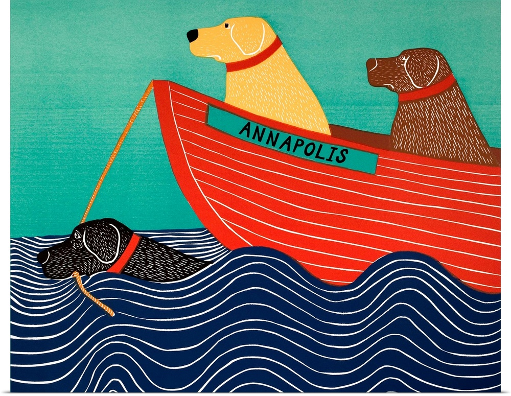 Illustration of a black lab in the ocean pulling a yellow and chocolate lab in a red boat titled "Annapolis"