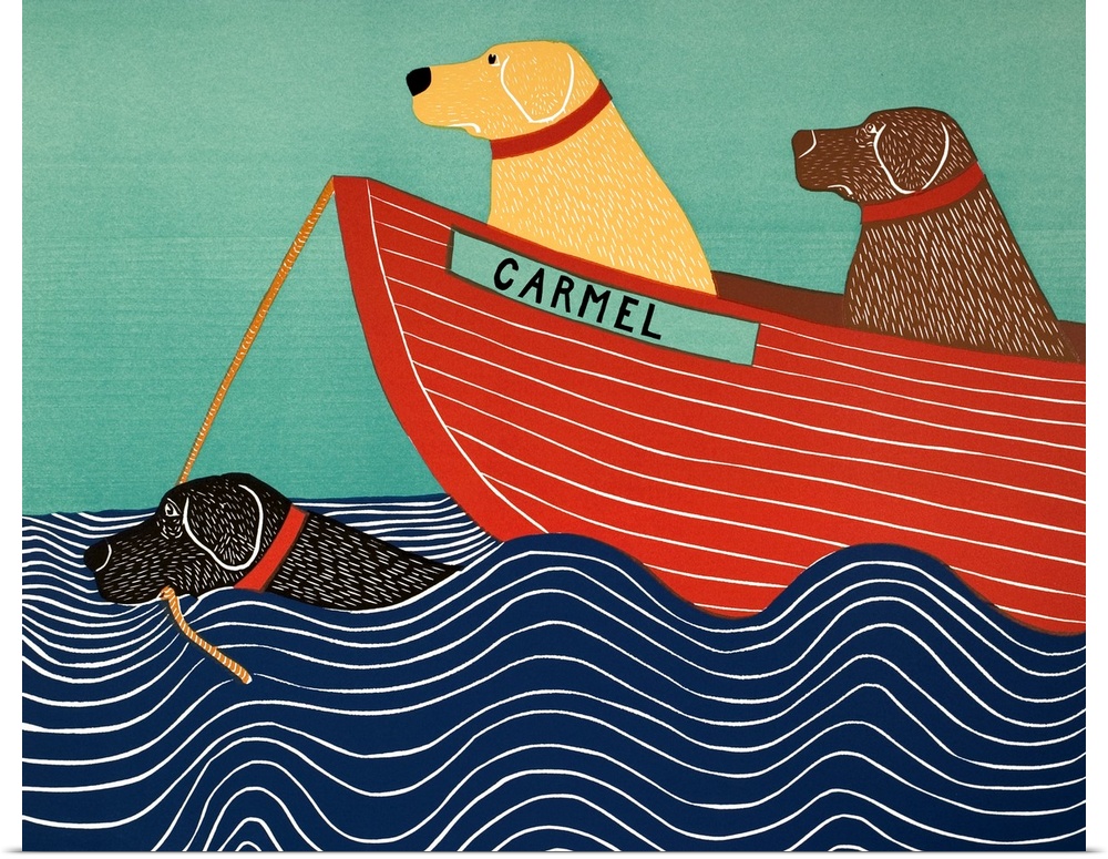Illustration of a black lab in the ocean pulling a yellow and chocolate lab in a red boat titled "Carmel"