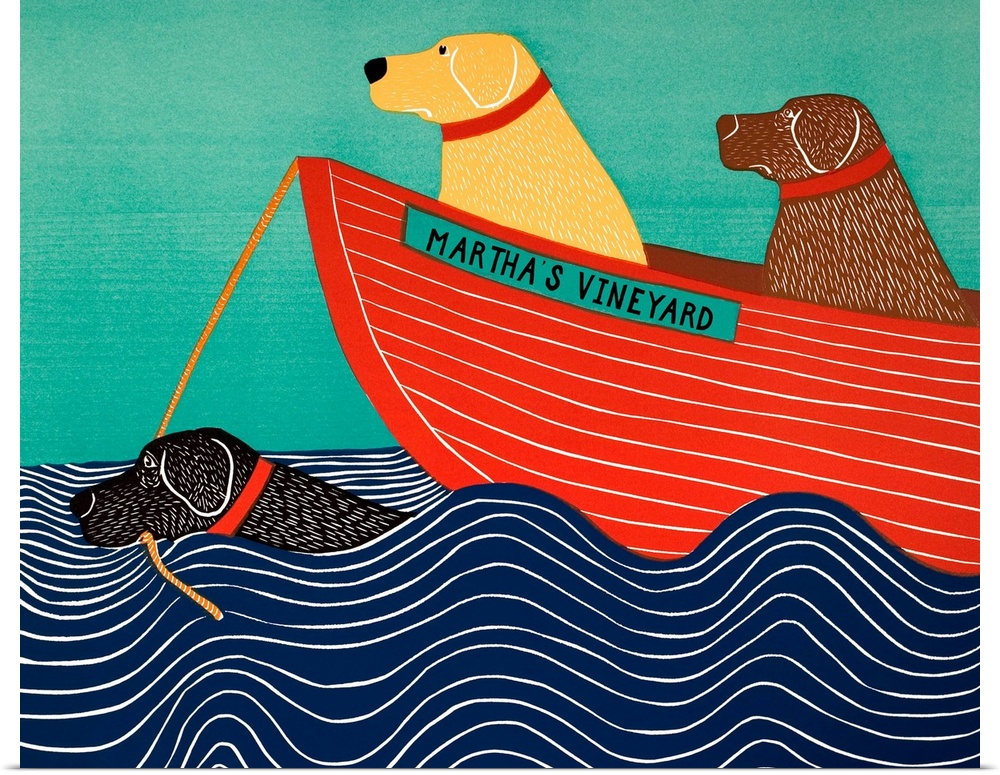 Illustration of a black lab in the ocean pulling a yellow and chocolate lab in a red boat titled "Martha's Vineyard"