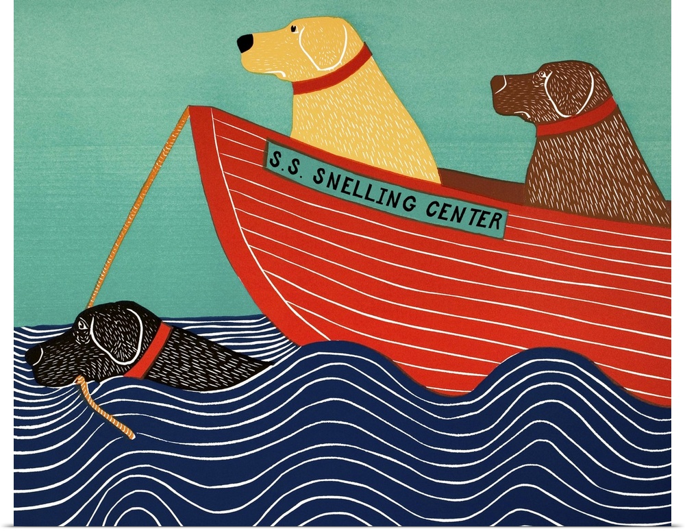 Illustration of a black lab in the ocean pulling a yellow and chocolate lab in a red boat titled "S.S. Snelling Center"