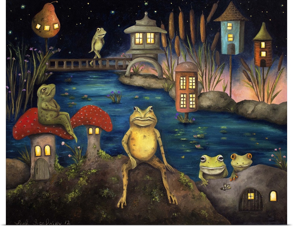 Surrealist painting of a land inhabited by frogs.