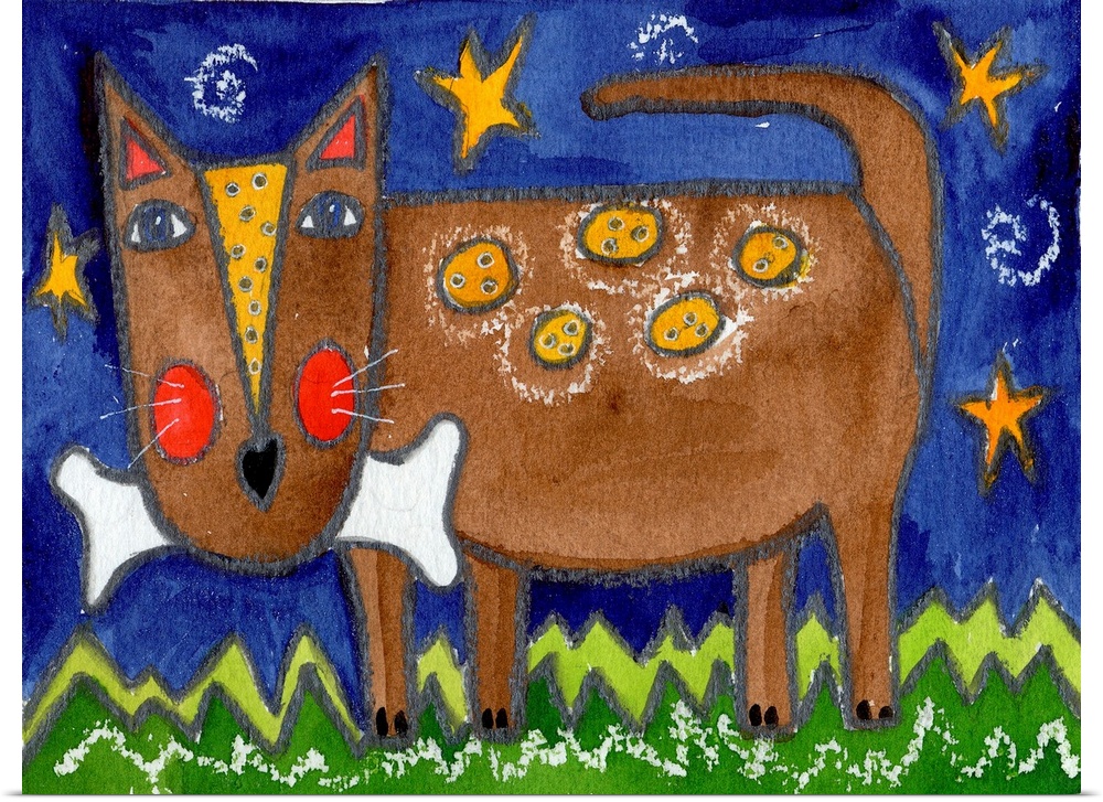 A brown dog holding a large bone under a starry sky.