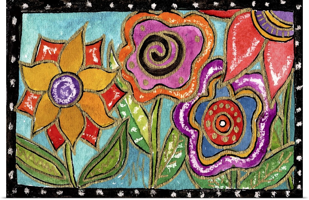 Several colorful flowers with swirl patterns.