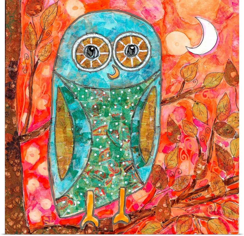 A blue owl with big eyes sitting in a tree with the moon behind.