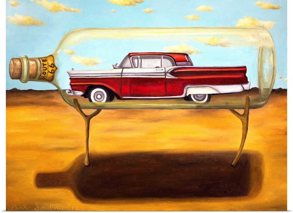 Surrealist painting of a vintage car sitting inside of a giant glass bottle in a desert landscape.