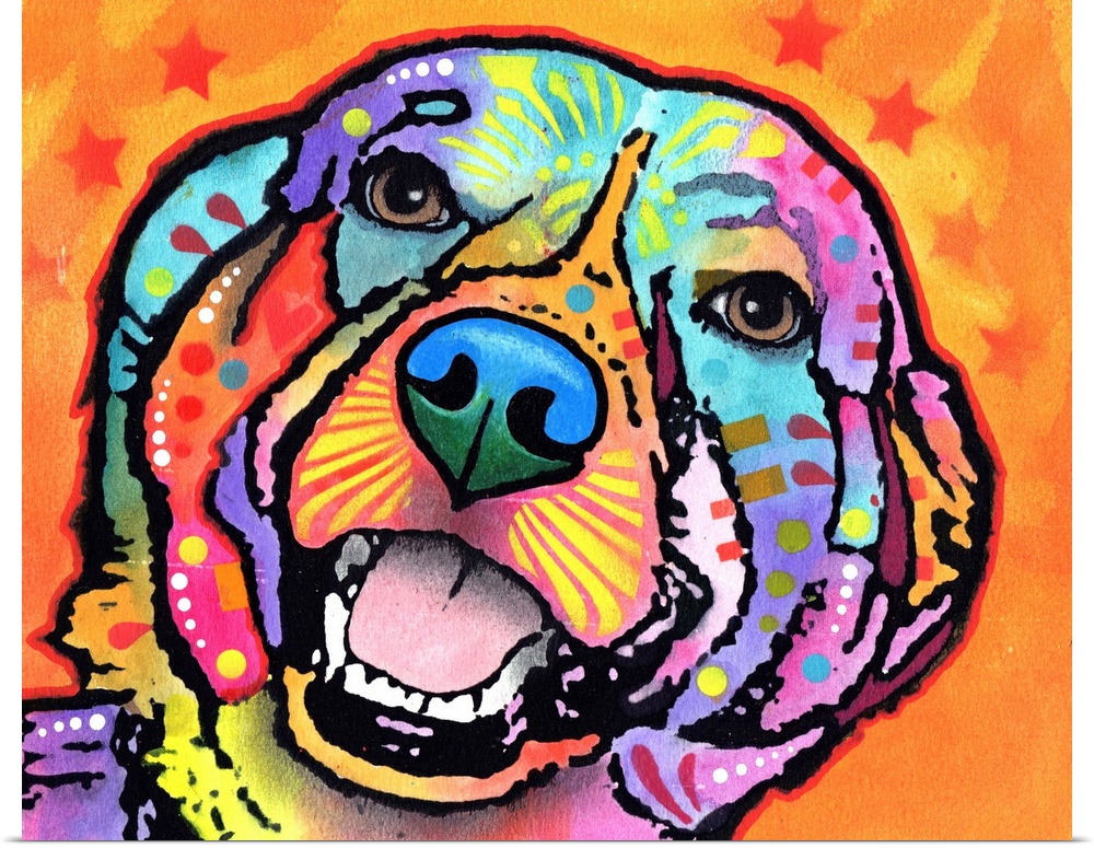 Colorful painting of a happy dog with abstract markings on an orange background with 7 red stars.
