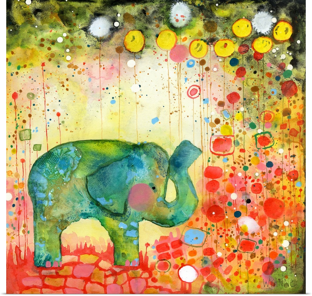 A green watercolor elephant surrounded by colorful flowers.