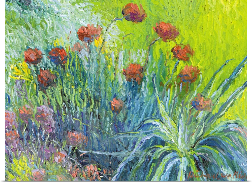Contemporary colorful painting of garden flowers.