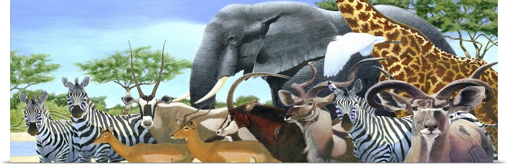 Contemporary painting of a gathering of African animals at a watering hole.