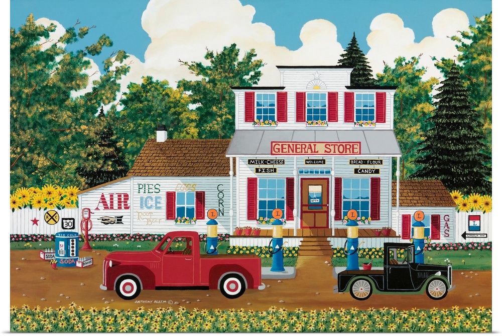 Contemporary Americana painting of a red pick-up truck parked outside of a country general store.
