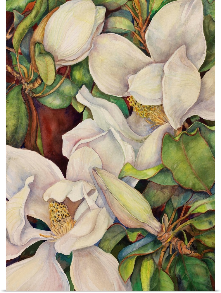 Colorful contemporary painting of off white magnolias.