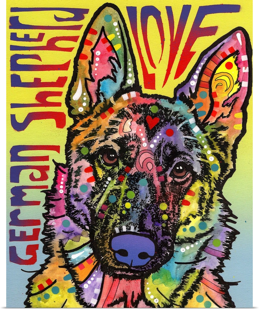 "German Shepherd Love" written around a colorful painting of a German Shepherd with abstract markings on a yellow and blue...