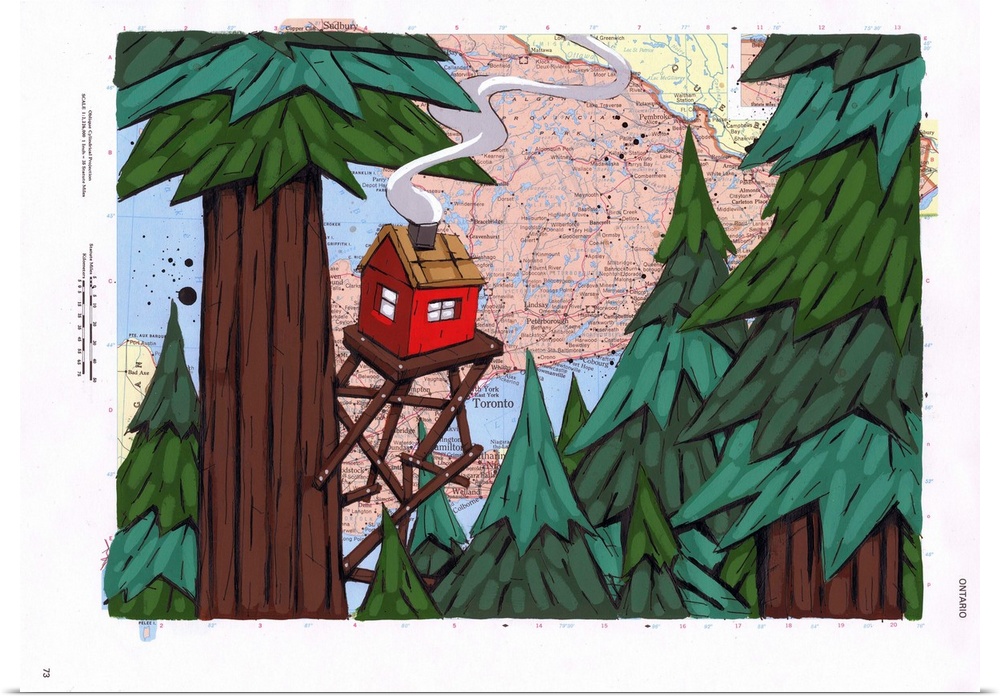Pop art painting of a cabin on stilts in the canopy of a forest.