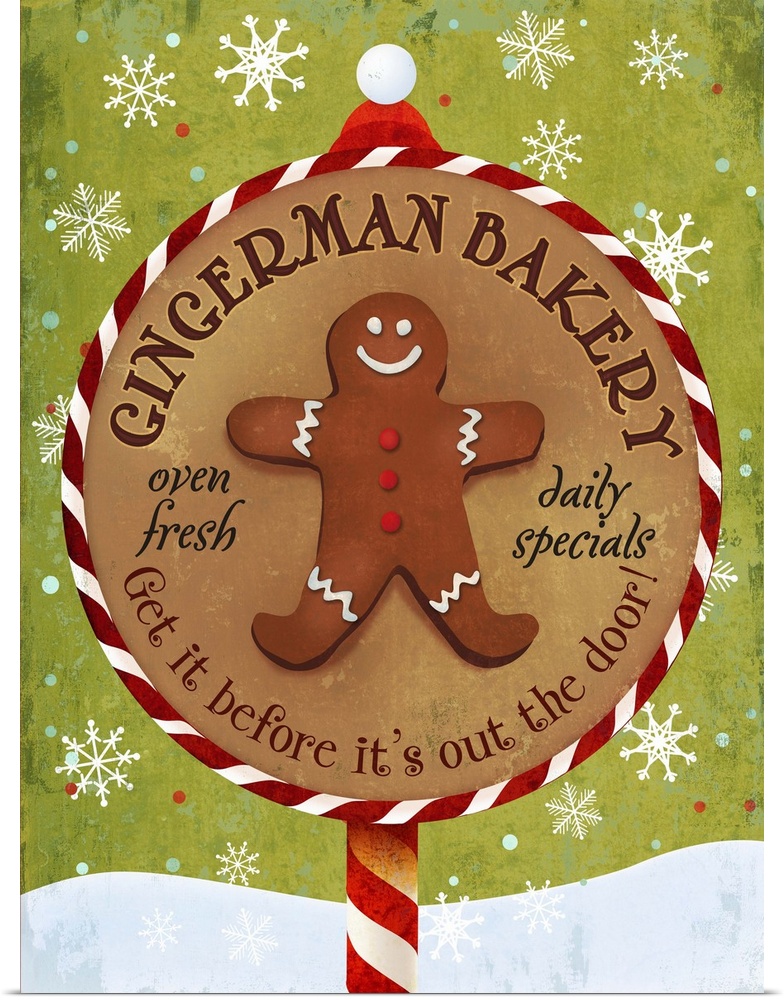 Cute holiday sign for a bakery, featuring a gingerbread man.