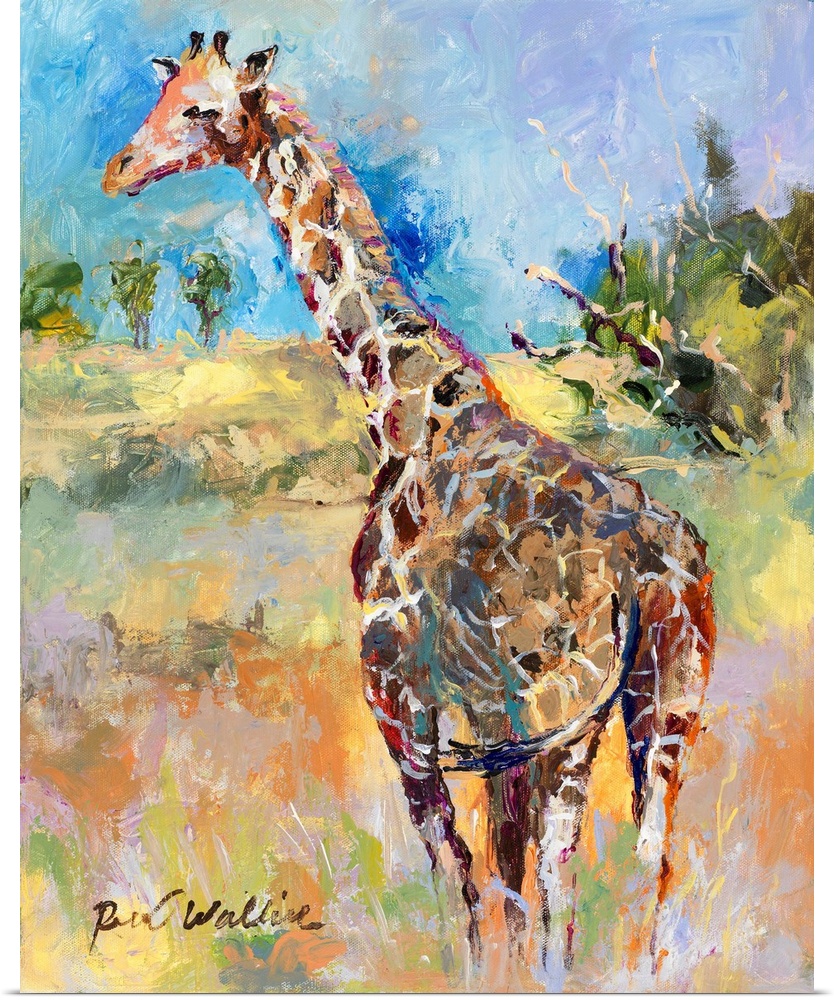 Abstract painting of a giraffe in its habitat.