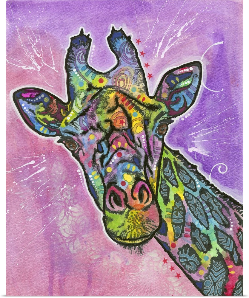 Colorful painting of a Giraffe with abstract markings on a pink and purple background with white paint splatter and designs.