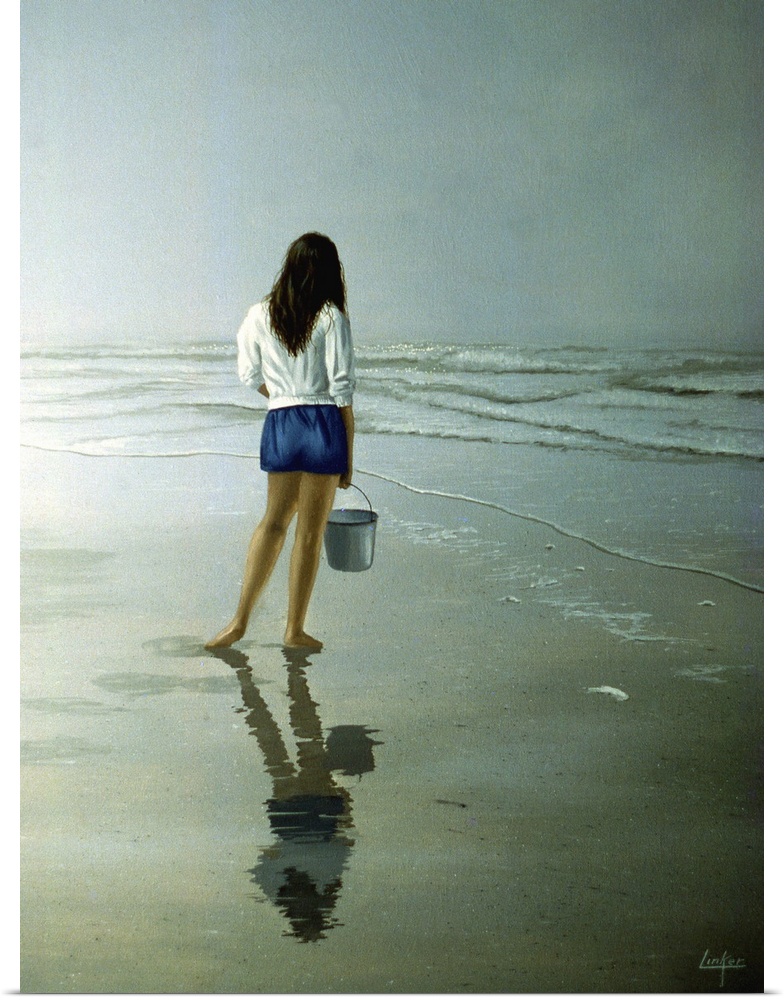 Contemporary painting of a young woman on the beach holding a pail.