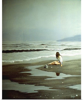 Girl Sitting On Beach Watching The Tide