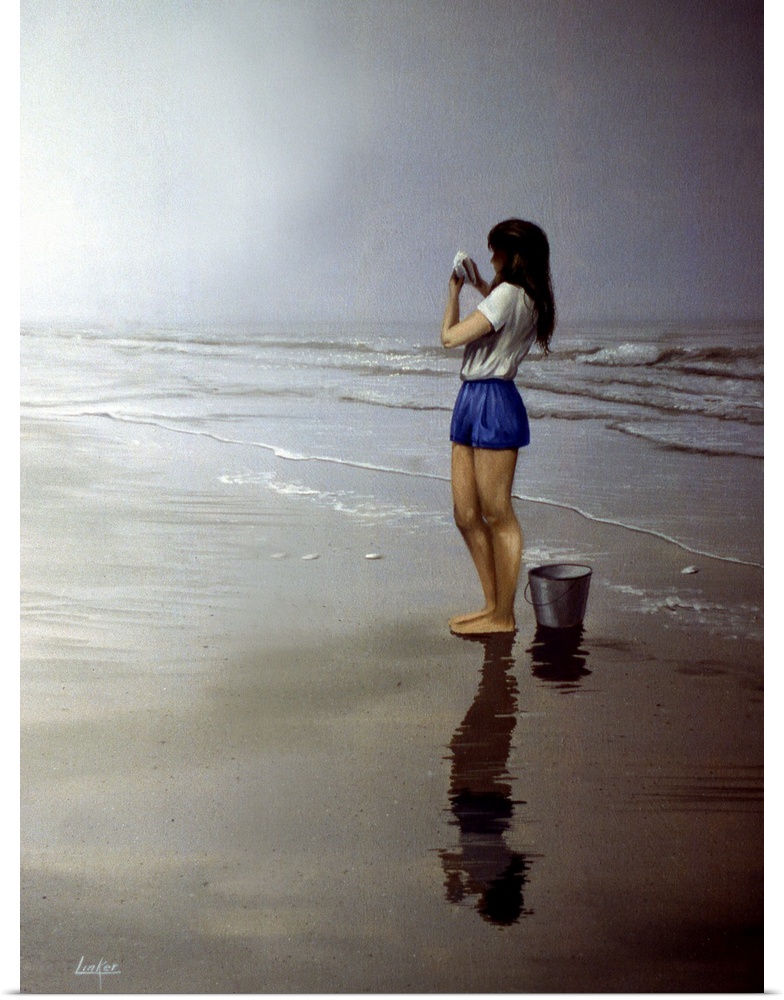 Contemporary painting of a young woman on the beach holding a seashell.