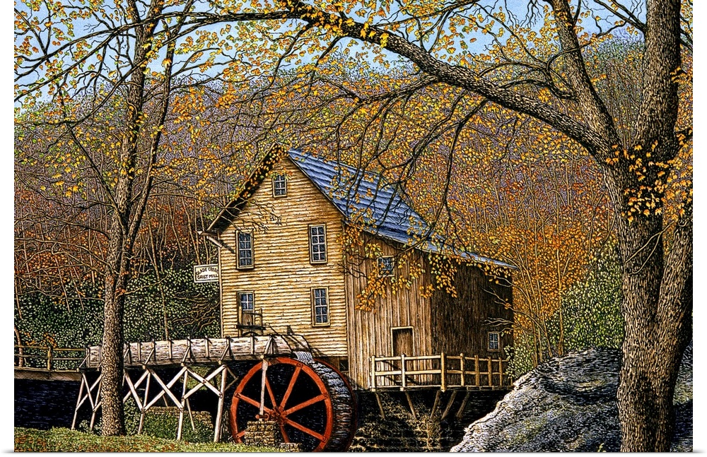 Contemporary painting of a watermill in an autumn landscape.
