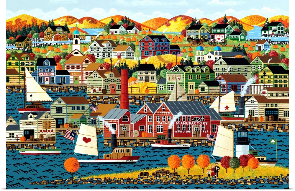 Contemporary painting of a coastal village in autumn foliage.